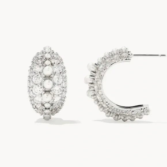 NWT Kendra Scott Krista Silver Hoop Earrings in White Mix with Pearls - Picture 2 of 9